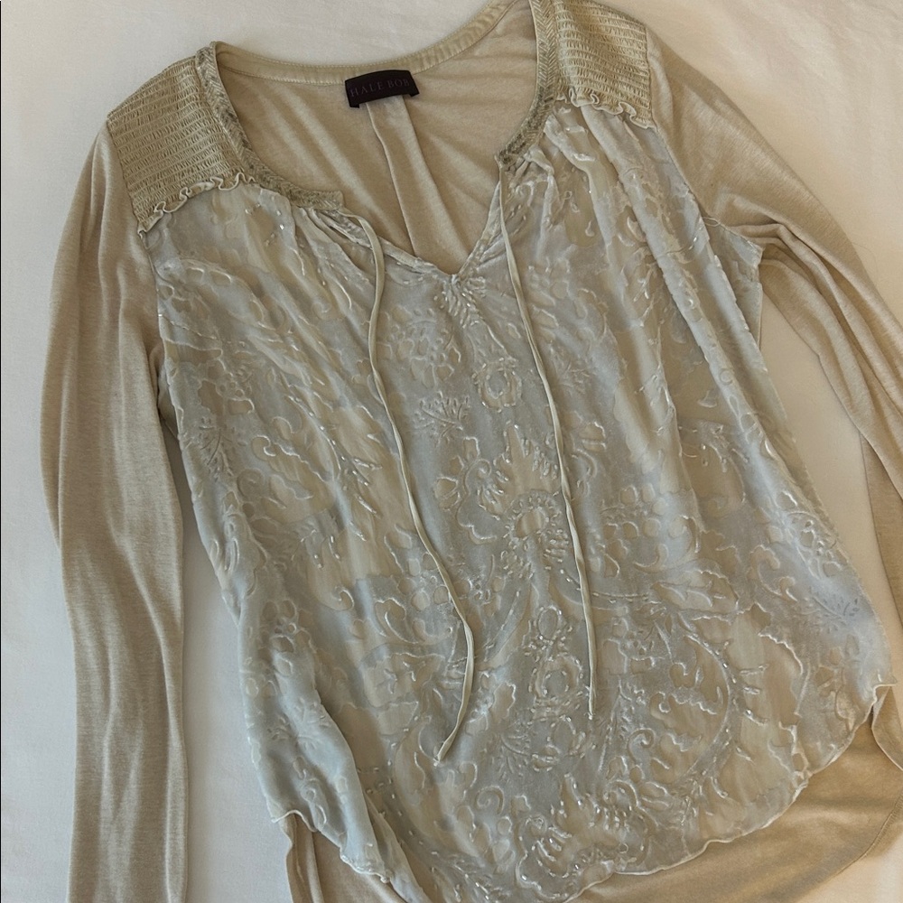 Hale Bob Stunning Beige & French Blue burnout brocade Lace Blouse M